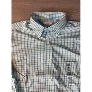 IZOD Mens Classic Fit Stretch Dress Shirt Green Navy Check 17-17.5 34-35 NEW